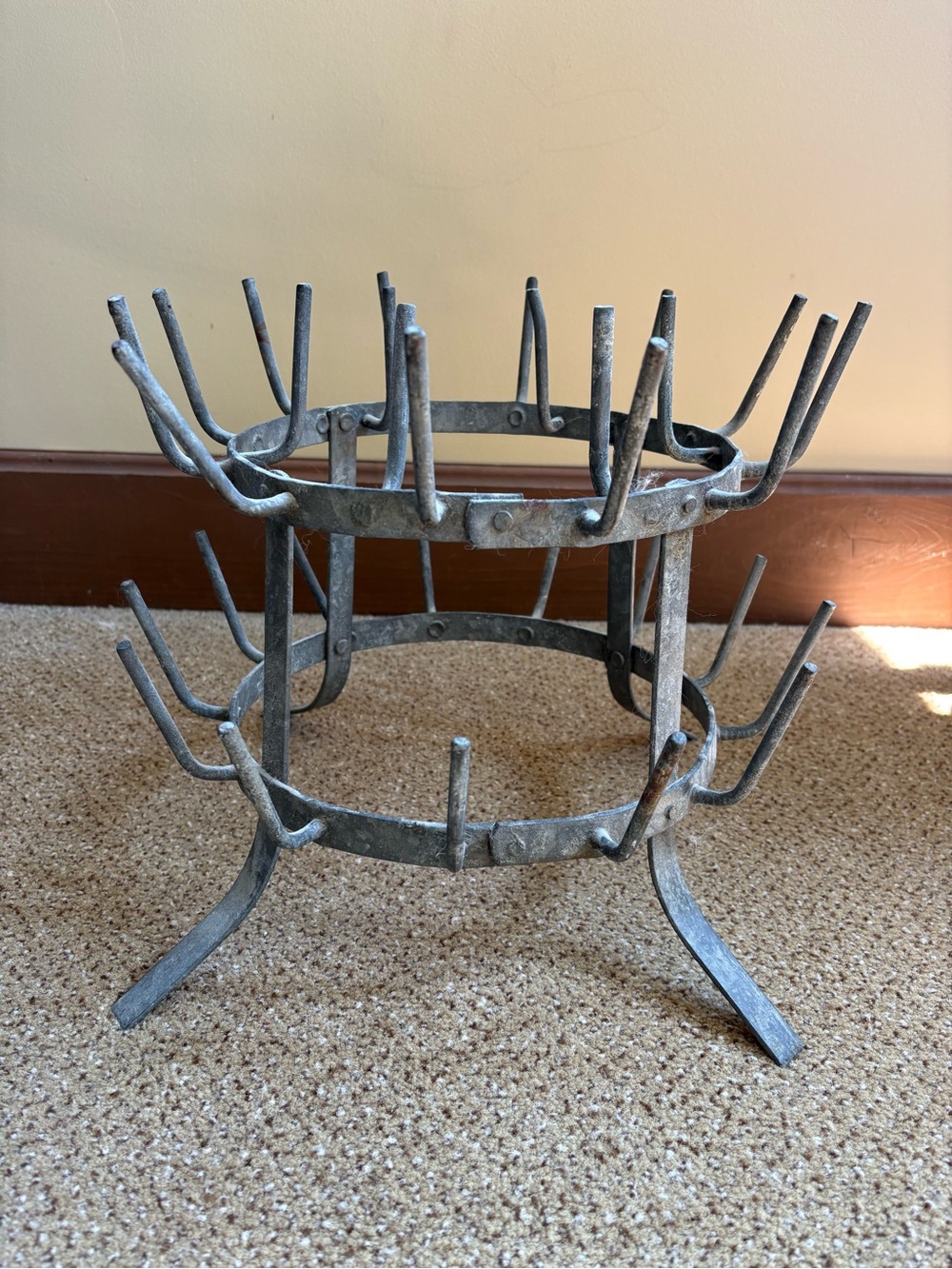 Vintage 1950s France Metal Bottle Drying Rack with Patina